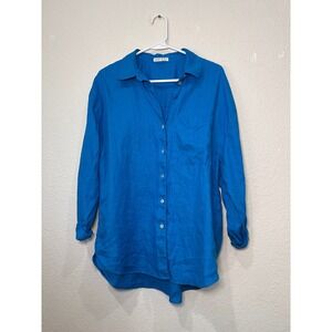 Oysho Women Blue 100% Linen Button Down Shirt Long Sleeve Pocket Medium